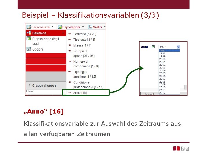 Beispiel – Klassifikationsvariablen (3/3) „Anno“ [16] Klassifikationsvariable zur Auswahl des Zeitraums aus allen verfügbaren