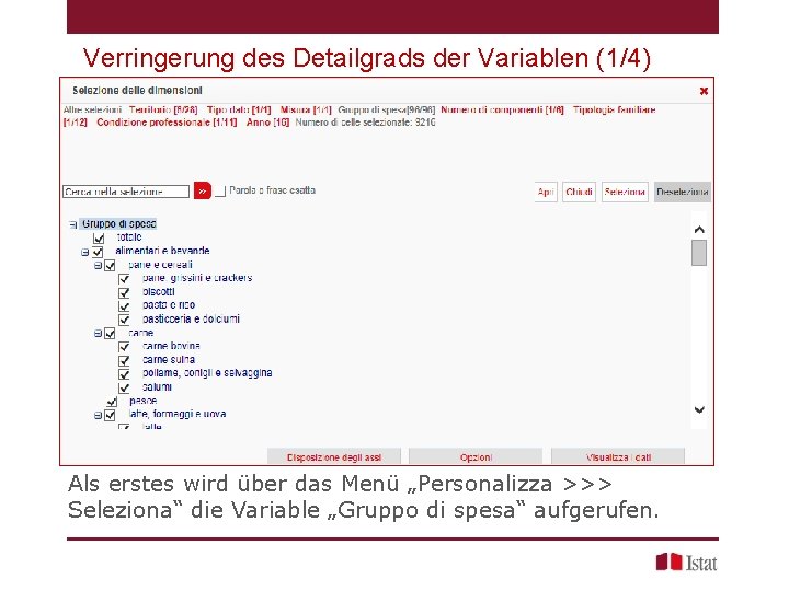 Verringerung des Detailgrads der Variablen (1/4) Als erstes wird über das Menü „Personalizza >>>