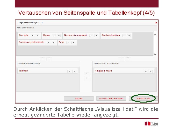 Vertauschen von Seitenspalte und Tabellenkopf (4/5) Durch Anklicken der Schaltfläche „Visualizza i dati“ wird