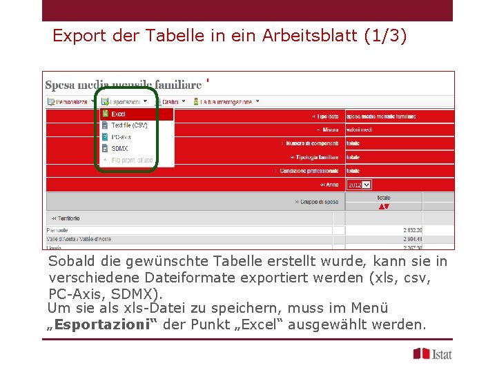 Export der Tabelle in ein Arbeitsblatt (1/3) Sobald die gewünschte Tabelle erstellt wurde, kann