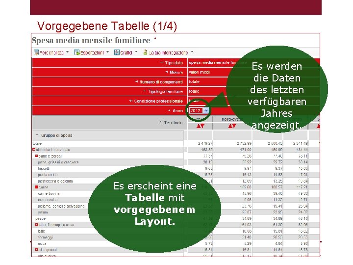 Vorgegebene Tabelle (1/4) Es werden die Daten des letzten verfügbaren Jahres angezeigt. Es erscheint