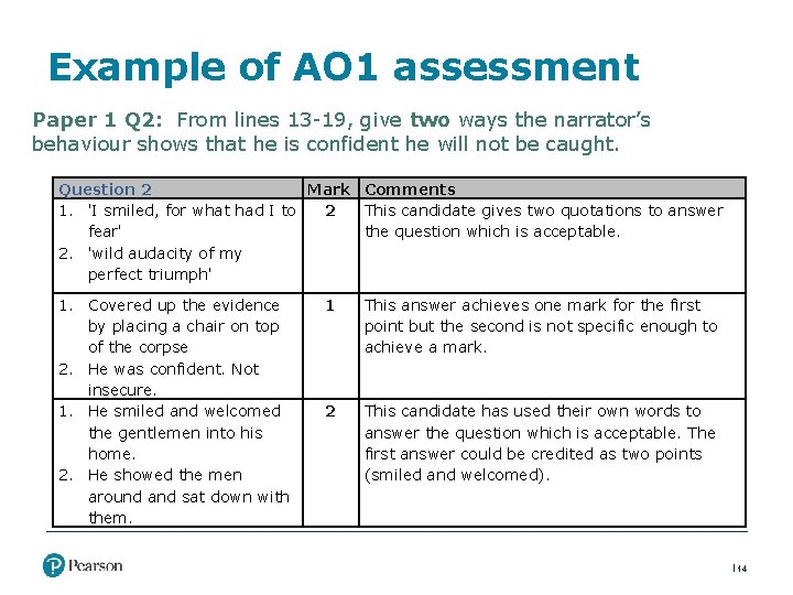 Example of AO 1 assessment Paper 1 Q 2: From lines 13 -19, give