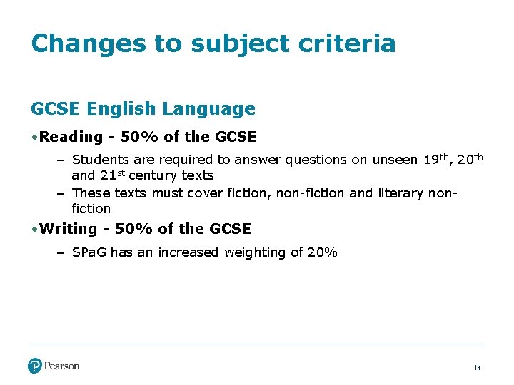 Changes to subject criteria GCSE English Language • Reading - 50% of the GCSE