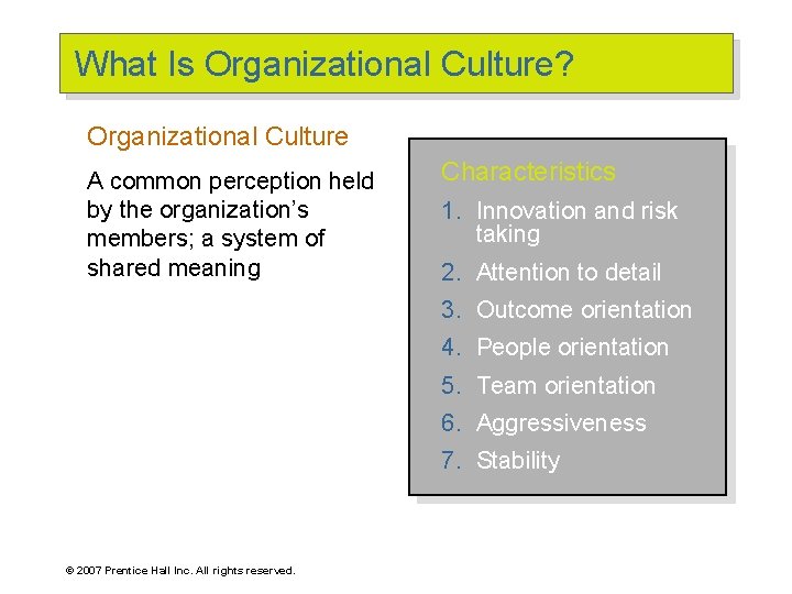 What Is Organizational Culture? Organizational Culture A common perception held by the organization’s members;