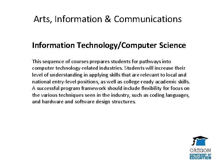 Arts, Information & Communications Information Technology/Computer Science This sequence of courses prepares students for