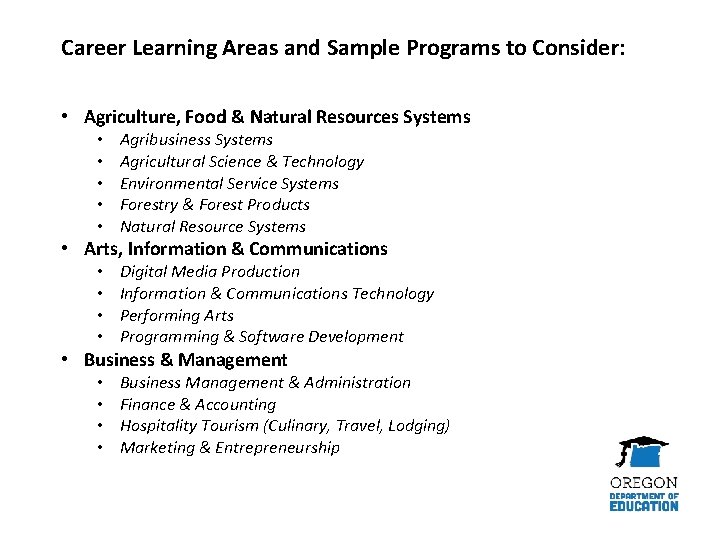 Career Learning Areas and Sample Programs to Consider: • Agriculture, Food & Natural Resources