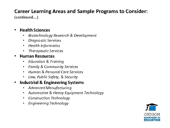 Career Learning Areas and Sample Programs to Consider: (continued…. ) • Health Sciences •