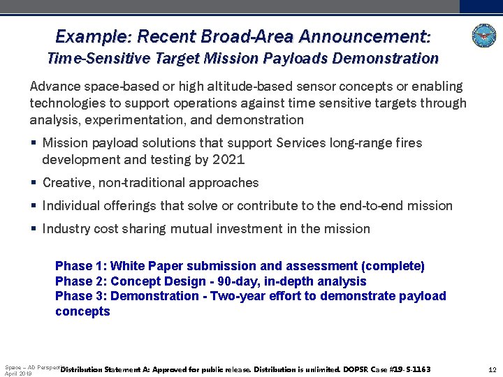 Example: Recent Broad-Area Announcement: Time-Sensitive Target Mission Payloads Demonstration Advance space-based or high altitude-based