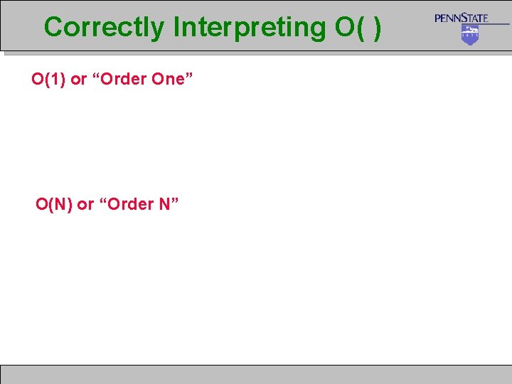 Correctly Interpreting O( ) O(1) or “Order One” O(N) or “Order N” 
