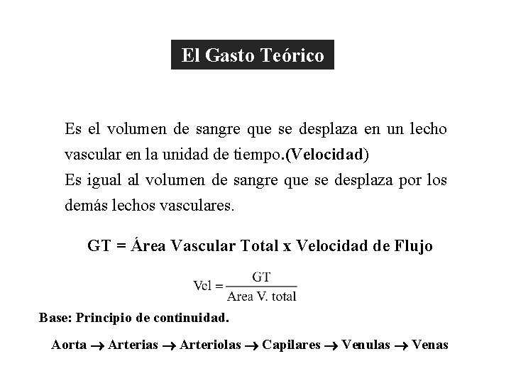 El Gasto Teórico Es el volumen de sangre que se desplaza en un lecho El Gasto Teórico Es el volumen de sangre que se desplaza en un lecho