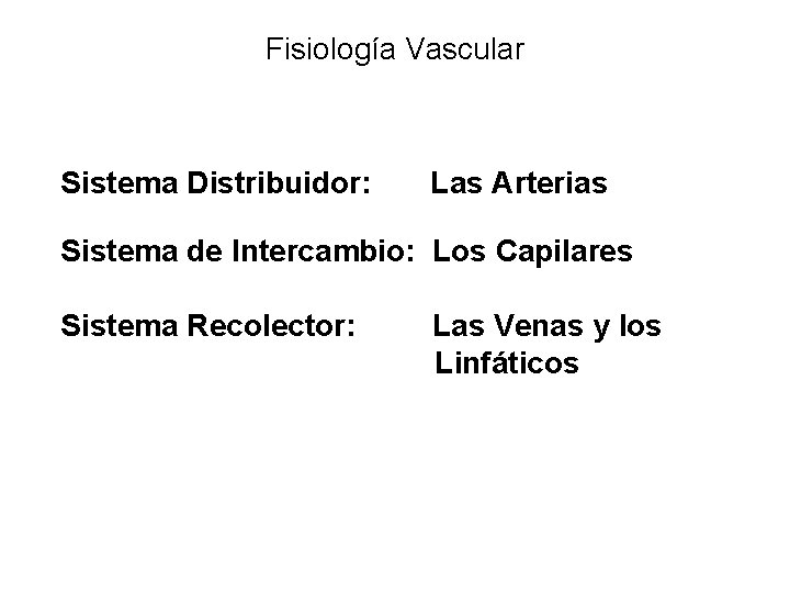 Fisiología Vascular Sistema Distribuidor: Las Arterias Sistema de Intercambio: Los Capilares Sistema Recolector: Las Fisiología Vascular Sistema Distribuidor: Las Arterias Sistema de Intercambio: Los Capilares Sistema Recolector: Las