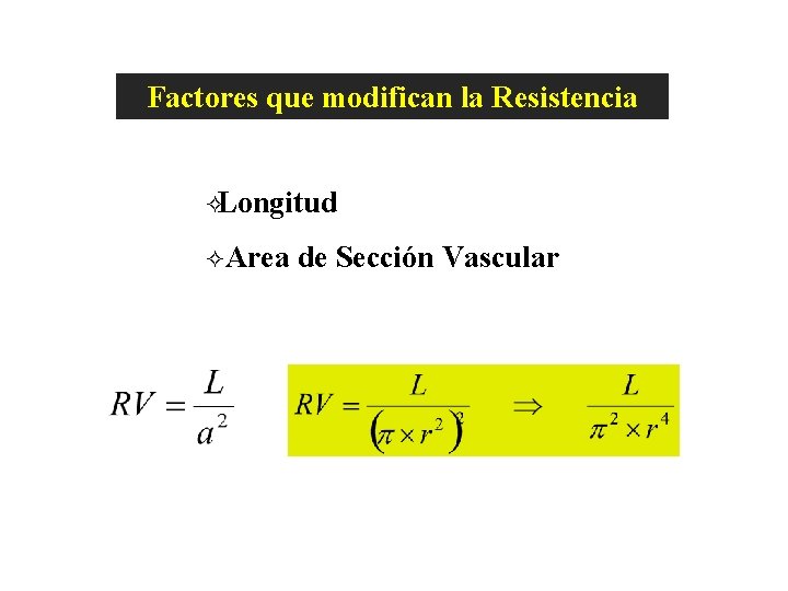 Resistencia Factores que modifican la Resistencia Factores que²Longitud dependen del Vaso ²Area de Sección Resistencia Factores que modifican la Resistencia Factores que²Longitud dependen del Vaso ²Area de Sección