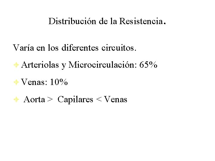 Distribución de la Resistencia. Varía en los diferentes circuitos. ± Arteriolas y Microcirculación: 65% Distribución de la Resistencia. Varía en los diferentes circuitos. ± Arteriolas y Microcirculación: 65%