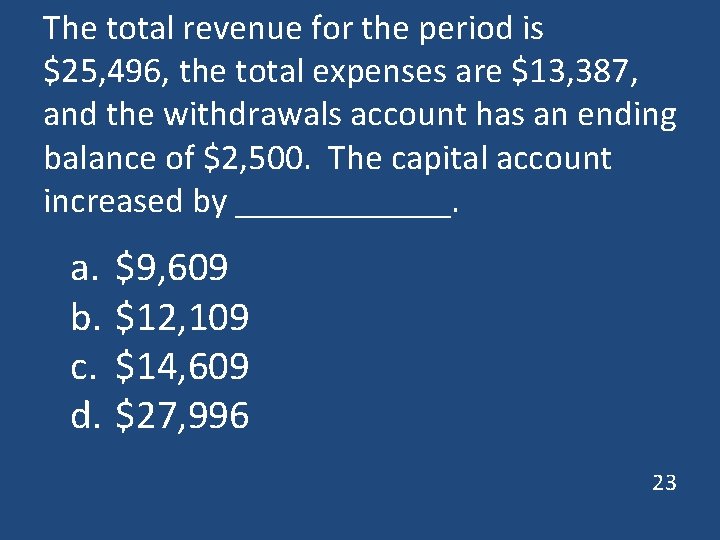 The total revenue for the period is $25, 496, the total expenses are $13,