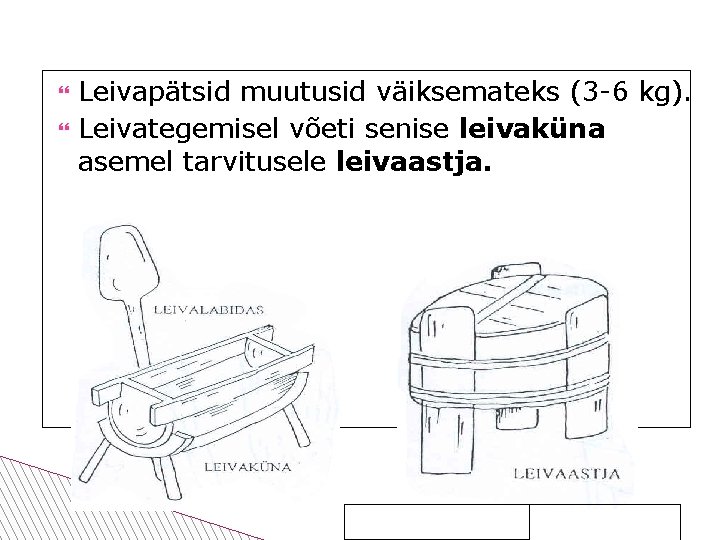  Leivapätsid muutusid väiksemateks (3 -6 kg). Leivategemisel võeti senise leivaküna asemel tarvitusele leivaastja.