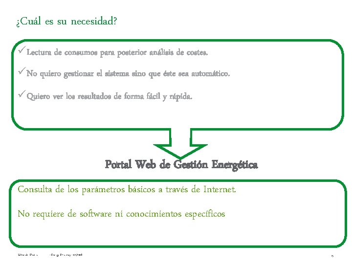 ¿Cuál es su necesidad? üLectura de consumos para posterior análisis de costes. üNo quiero ¿Cuál es su necesidad? üLectura de consumos para posterior análisis de costes. üNo quiero