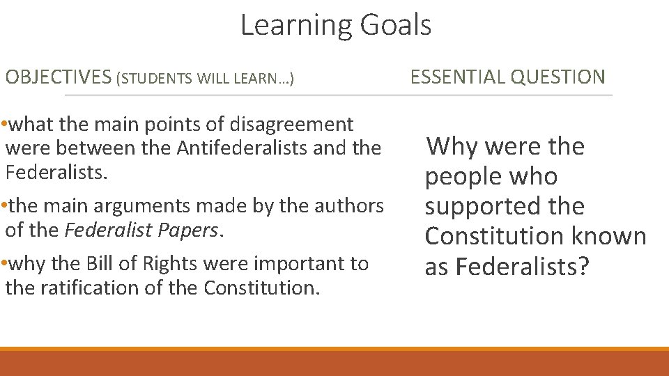 Learning Goals OBJECTIVES (STUDENTS WILL LEARN…) • what the main points of disagreement were