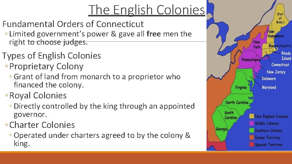 The English Colonies Fundamental Orders of Connecticut ◦ Limited government’s power & gave all