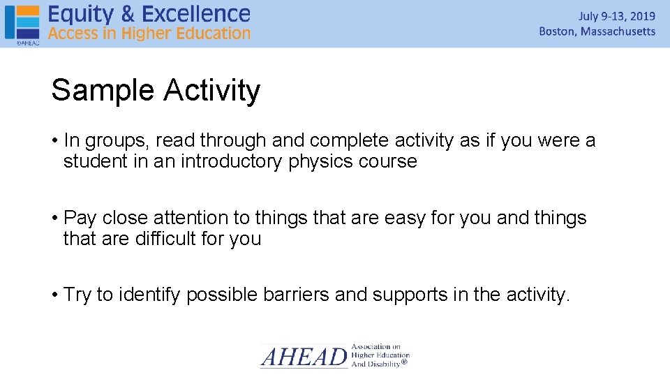 Sample Activity • In groups, read through and complete activity as if you were Sample Activity • In groups, read through and complete activity as if you were