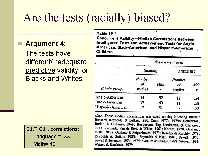 Are the tests (racially) biased? n Argument 4: The tests have different/inadequate predictive validity