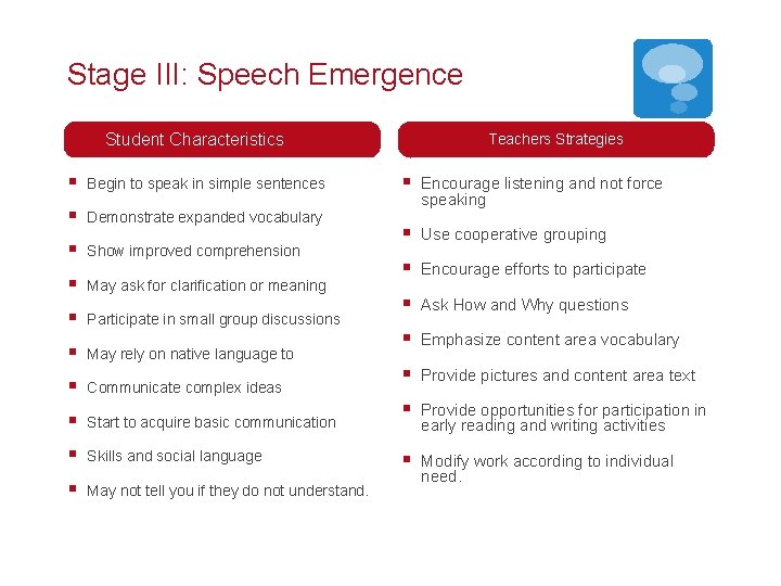 Stage III: Speech Emergence Student Characteristics § Begin to speak in simple sentences §