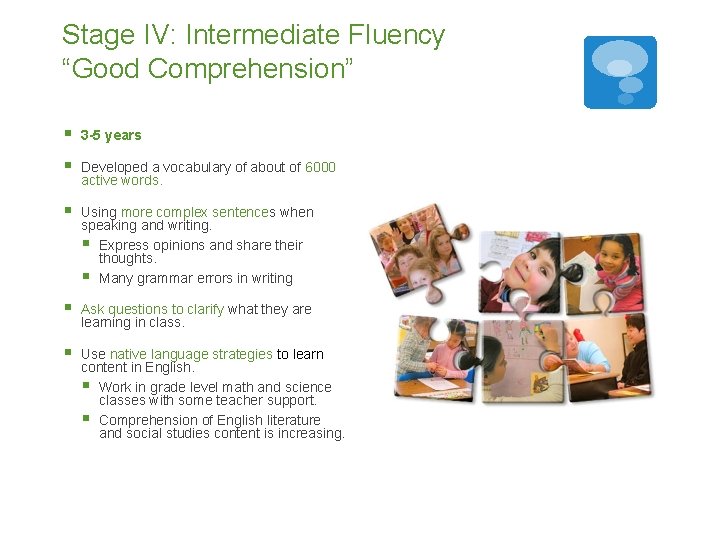Stage IV: Intermediate Fluency “Good Comprehension” § 3 -5 years § Developed a vocabulary