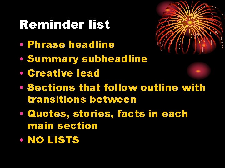 Reminder list • • Phrase headline Summary subheadline Creative lead Sections that follow outline Reminder list • • Phrase headline Summary subheadline Creative lead Sections that follow outline