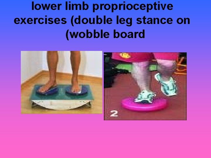 lower limb proprioceptive exercises (double leg stance on (wobble board 