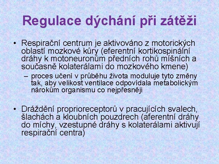 Regulace dýchání při zátěži • Respirační centrum je aktivováno z motorických oblastí mozkové kůry