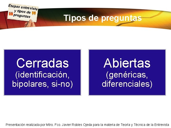 Etapas e ntrevista y tipos d e pregunta s Tipos de preguntas Cerradas (identificación,