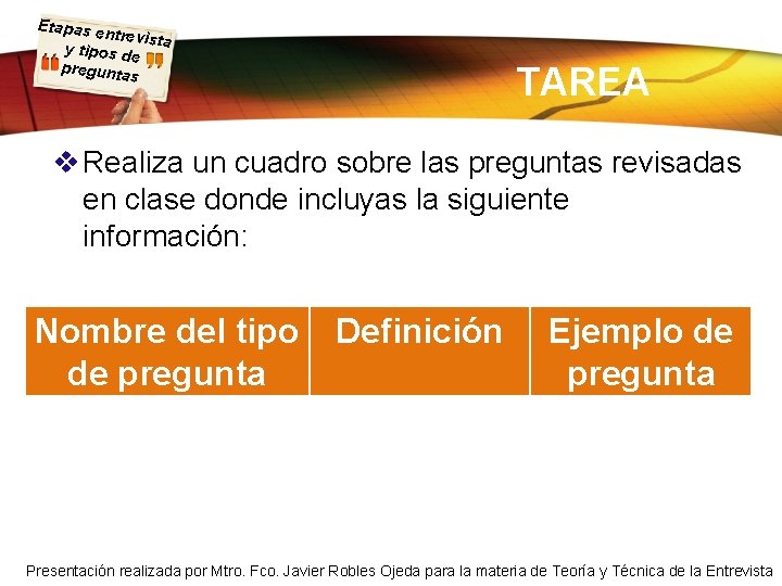 Etapas e ntrevista y tipos d e pregunta s TAREA v Realiza un cuadro