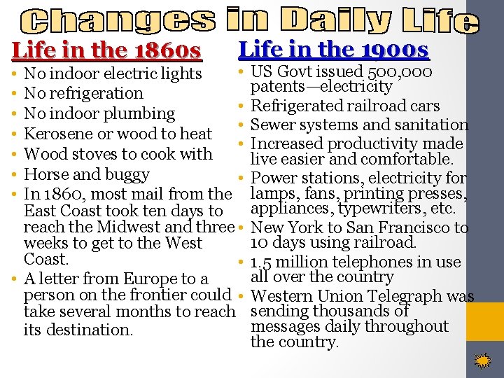 Life in the 1860 s Life in the 1900 s • No indoor electric