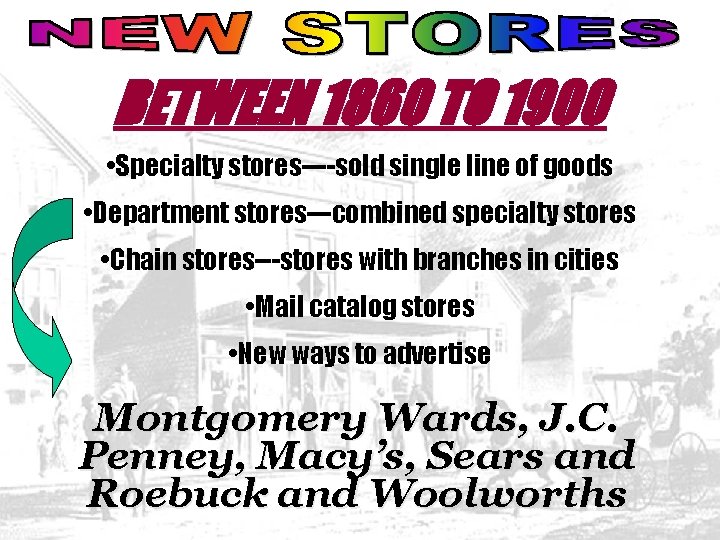 BETWEEN 1860 TO 1900 • Specialty stores----sold single line of goods • Department stores---combined