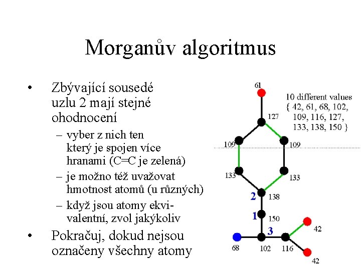 Morganův algoritmus • Zbývající sousedé uzlu 2 mají stejné ohodnocení – vyber z nich
