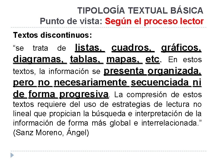 TIPOLOGÍA TEXTUAL BÁSICA Punto de vista: Según el proceso lector Textos discontinuos: listas, cuadros,