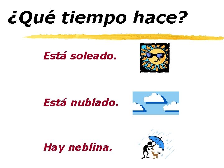 ¿Qué tiempo hace? Está soleado. Está nublado. Hay neblina. 
