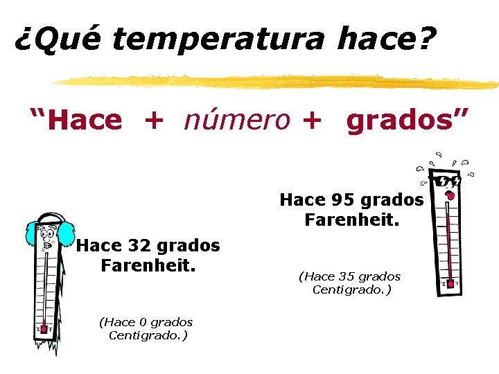¿Qué temperatura hace? “Hace + número + grados” Hace 95 grados Farenheit. Hace 32
