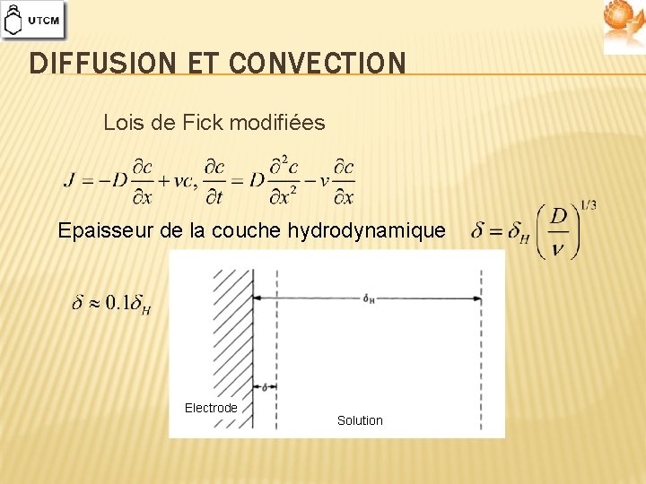 DIFFUSION ET CONVECTION Lois de Fick modifiées Epaisseur de la couche hydrodynamique Electrode Solution