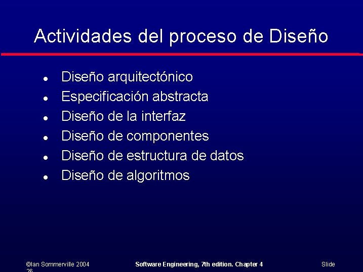 Actividades del proceso de Diseño l l l Diseño arquitectónico Especificación abstracta Diseño de