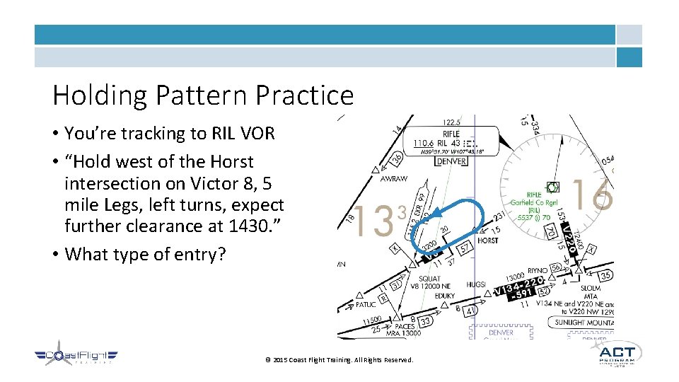 Holding Pattern Practice • You’re tracking to RIL VOR • “Hold west of the