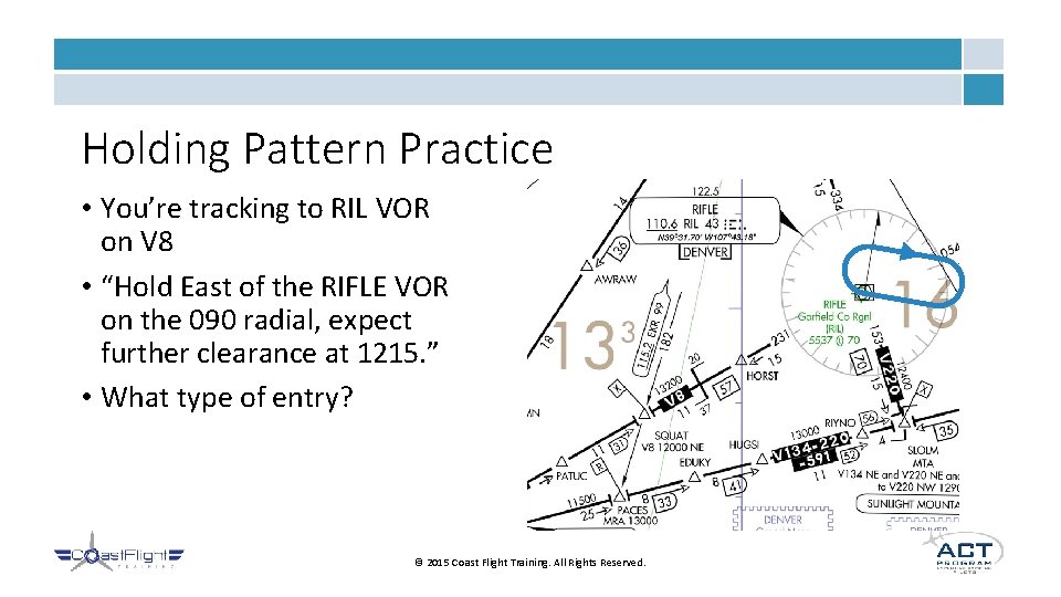 Holding Pattern Practice • You’re tracking to RIL VOR on V 8 • “Hold