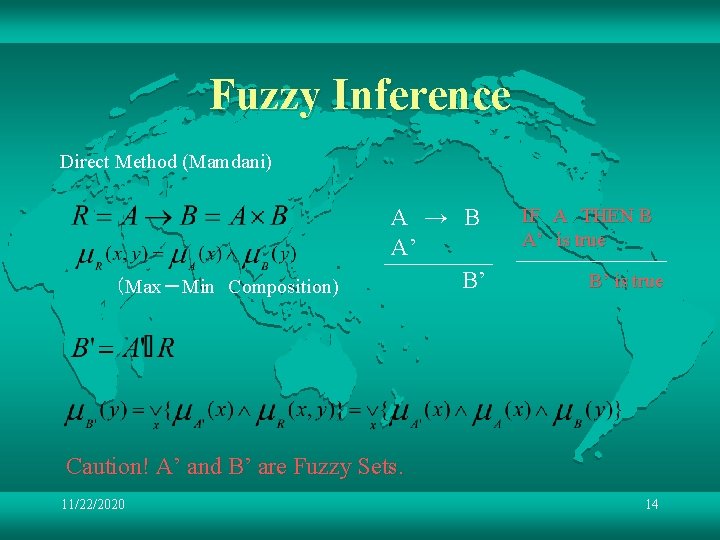 Fuzzy Inference Direct Method (Mamdani) (Max-Min Composition) A → B A’ B’ IF A THEN B A’ is true B’ Fuzzy Inference Direct Method (Mamdani) (Max-Min Composition) A → B A’ B’ IF A THEN B A’ is true B’