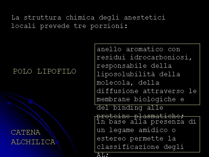 La struttura chimica degli anestetici locali prevede tre porzioni: POLO LIPOFILO CATENA ALCHILICA anello