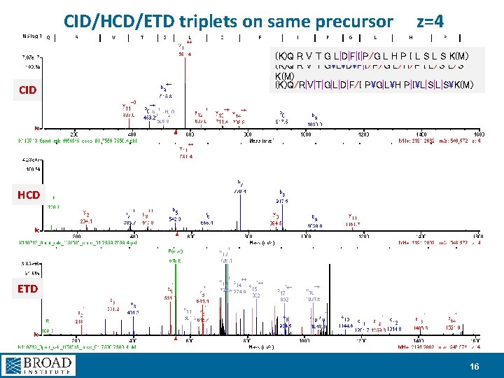 CID/HCD/ETD triplets on same precursor CID z=4 (K)Q R V T G L|D|F|I|P/G L