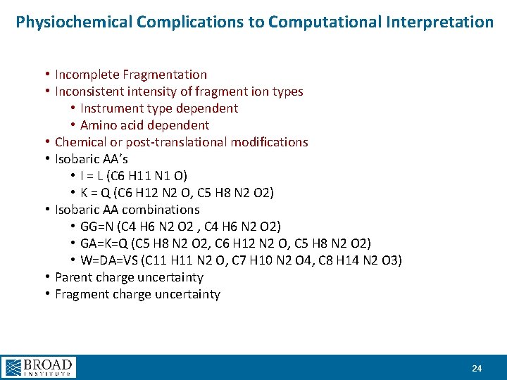 Physiochemical Complications to Computational Interpretation • Incomplete Fragmentation • Inconsistent intensity of fragment ion