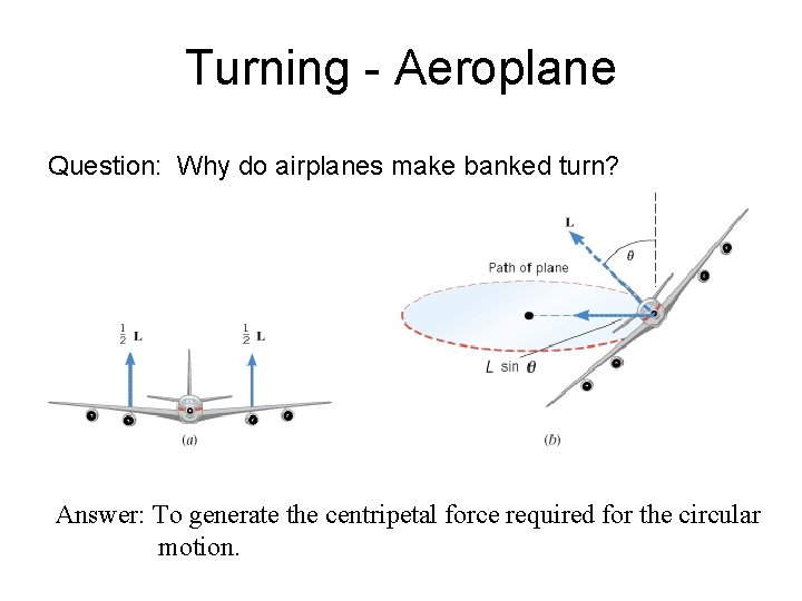 Turning - Aeroplane Question: Why do airplanes make banked turn? Answer: To generate the