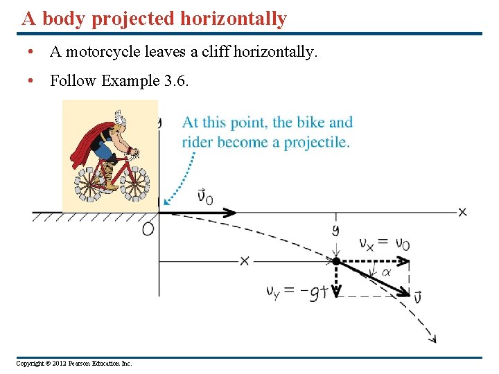 A body projected horizontally • A motorcycle leaves a cliff horizontally. • Follow Example