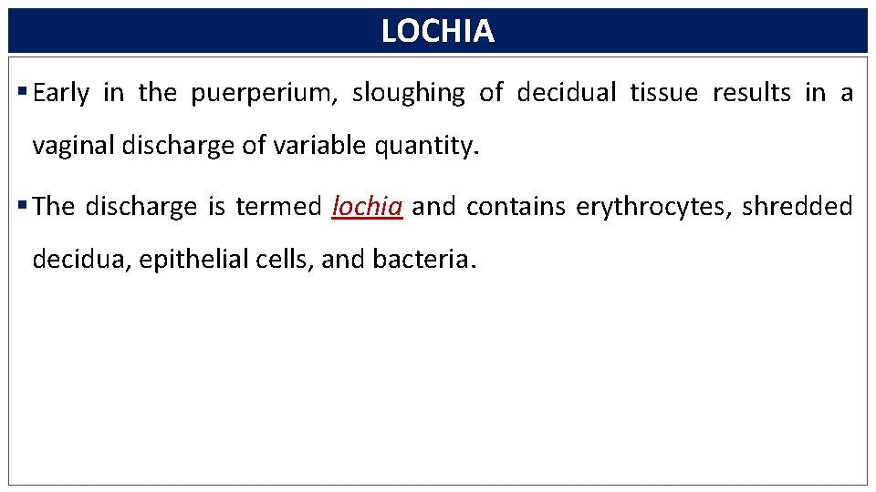 LOCHIA § Early in the puerperium, sloughing of decidual tissue results in a vaginal