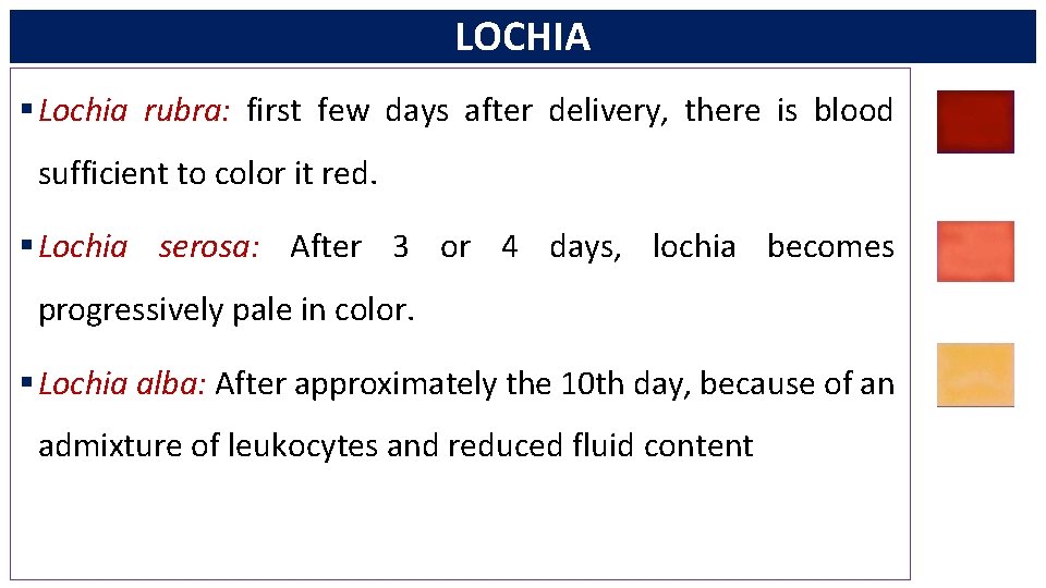 LOCHIA § Lochia rubra: first few days after delivery, there is blood sufficient to