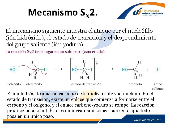 Mecanismo SN 2. El mecanismo siguiente muestra el ataque por el nucleófilo (ión hidróxido),